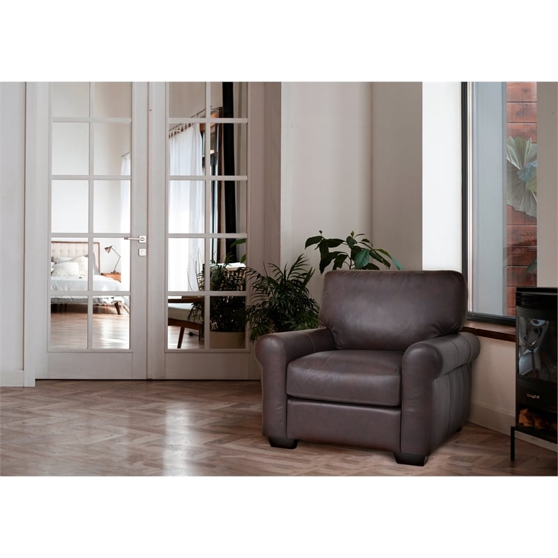 Pemberly Row Contemporary Leather Arm Chair Tan in Dark Brown