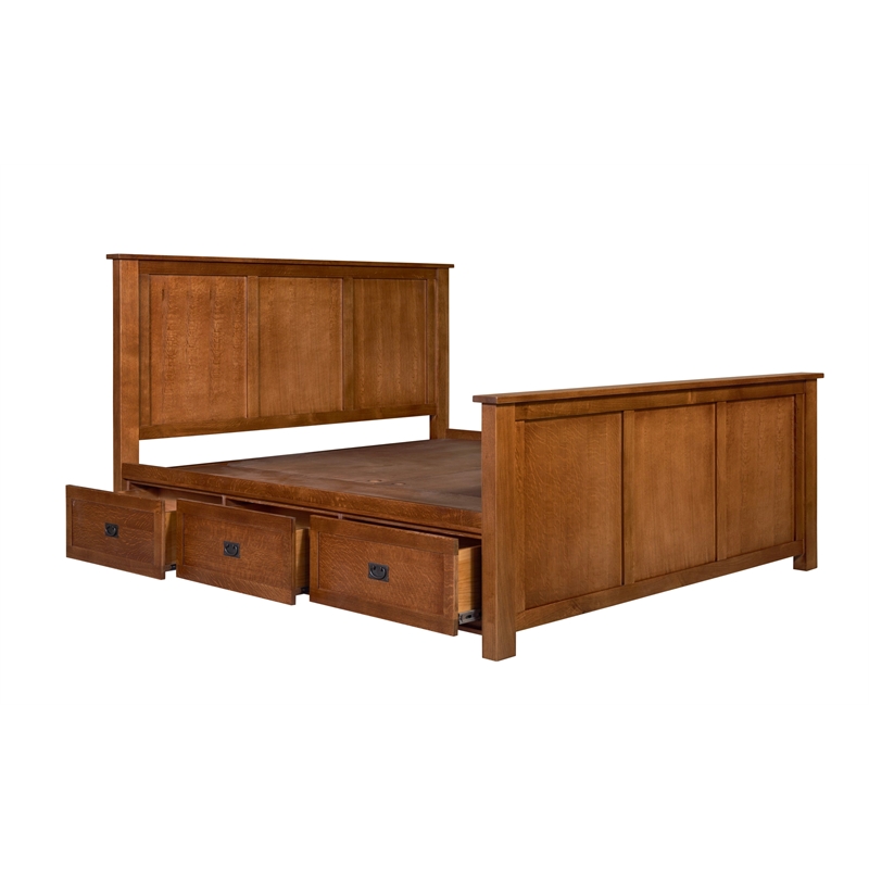 Pemberly Row Mission Oak Storage Panel Queen Bed w/ 3 Drawers in Walnut
