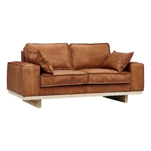 Pemberly Row Contemporary Top Grain Leather Love Seat in Light Chestnut