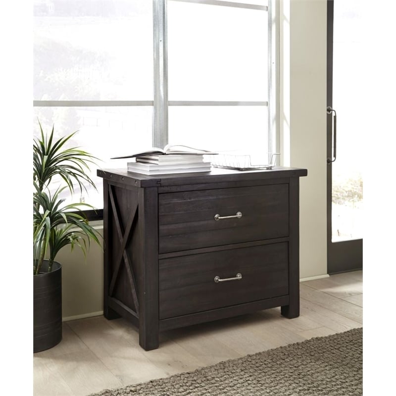 Pemberly Row Contemporary Solid Pine Wood 2 Drawer File Cabinet in Black