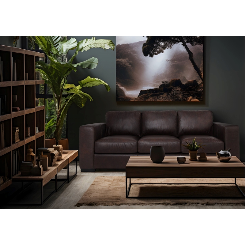 Pemberly Row Contemporary Top Grain Leather Sofa in Brown Finish