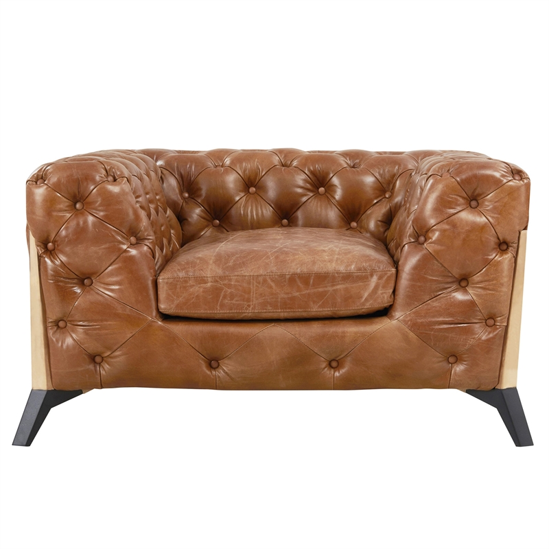 Pemberly Row Tufted Chesterfield Arm Chair in Light Brown Leather