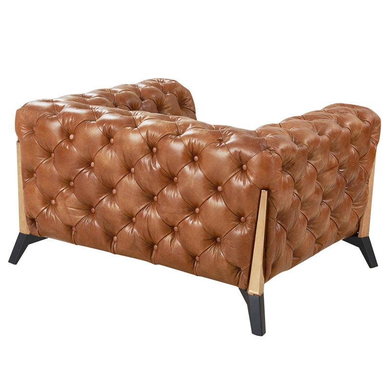Pemberly Row Tufted Chesterfield Arm Chair in Light Brown Leather