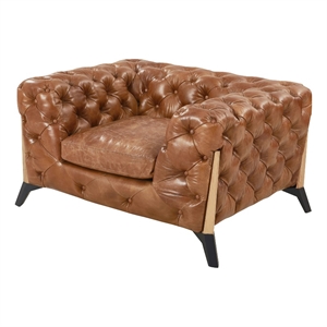 Pemberly Row Tufted Chesterfield Arm Chair in Light Brown Leather