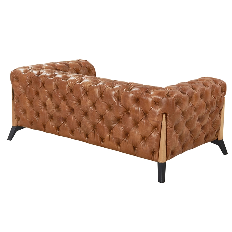 Pemberly Row Tufted Chesterfield Love Seat in Light Brown Leather