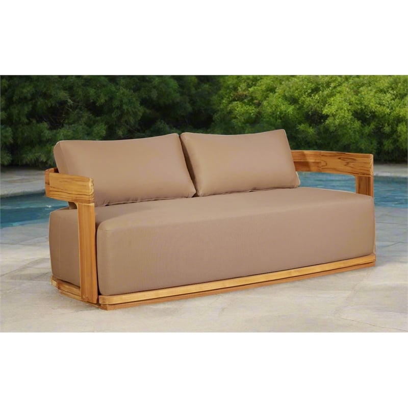 Pemberly Row Outdoor Solid Teak Wood Love seat in Light Brown