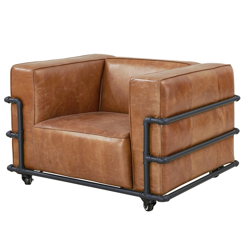 Pemberly Row Industrial Modern Leather Arm Chair in Light Brown