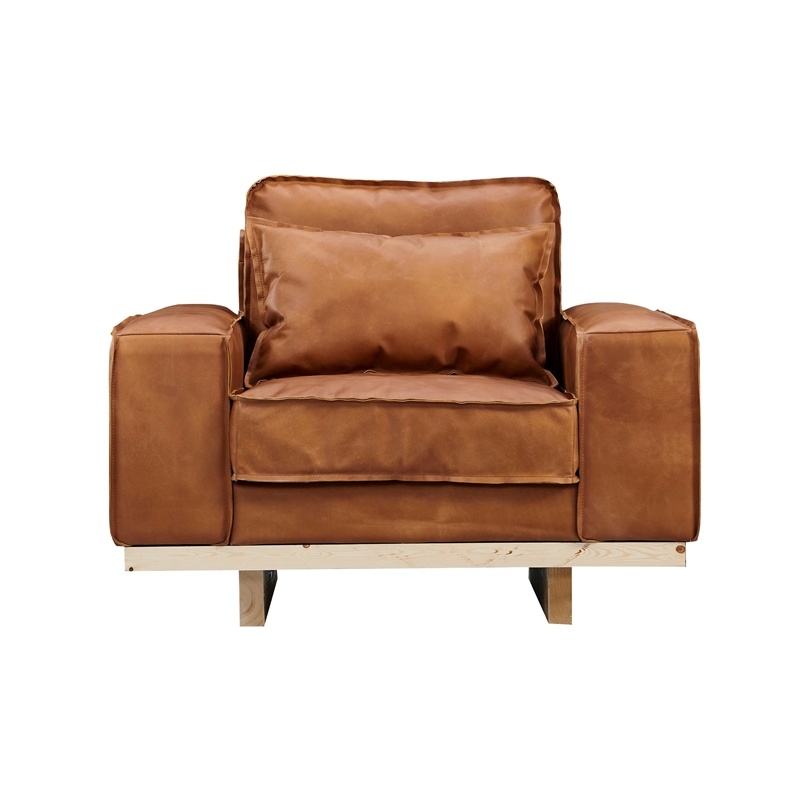 Pemberly Row Contemporary Top Grain Leather Arm Chair in Light Chestnut