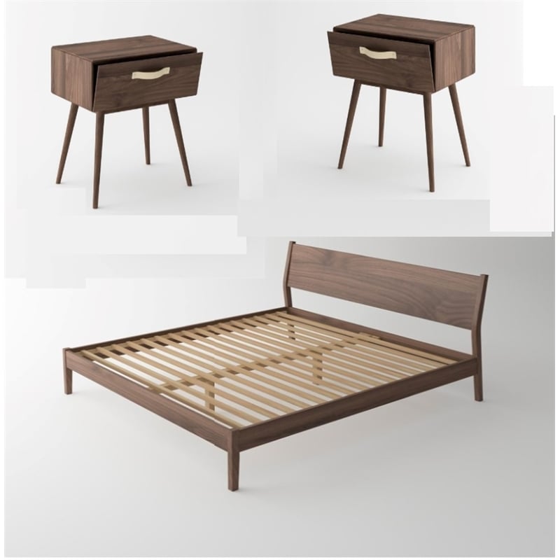 Pemberly Row Solid Black Walnut Wood Bedroom Set (King Bed + 2 Nightstands)