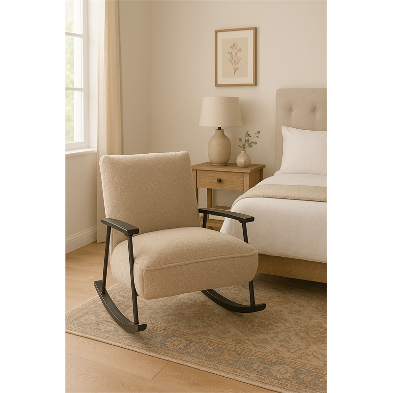 Pemberly Row Mid-Century Fabric Upholstered Rocking Arm Chair in White