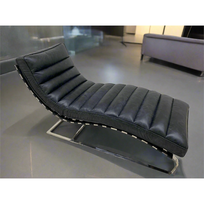 Pemberly Row Plano Channeled Leather Chaise Lounge in Slate Leather