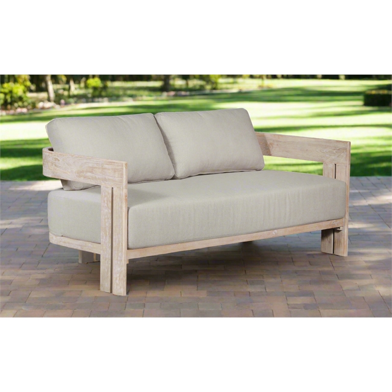 Pemberly Row Contemporary Outdoor Solid Teak Wood Love Seat in Gray