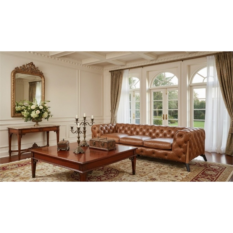 Pemberly Row Top Grain Leather Chesterfield Sofa in Light Brown Leather