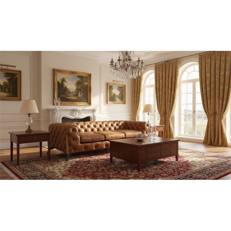 Pemberly Row Top Grain Leather Chesterfield Sofa in Light Brown Leather