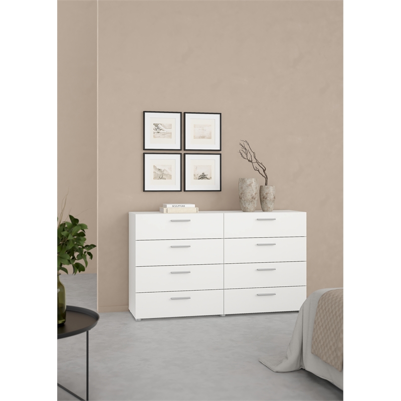 Pemberly Row Set of 2 8-Drawer Double Dresser & Cream Boucle Fabric Twin Bed