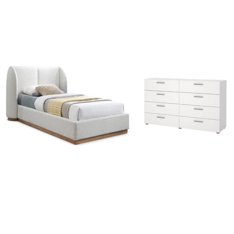 Pemberly Row Set of 2 8-Drawer Double Dresser & Cream Boucle Fabric Twin Bed