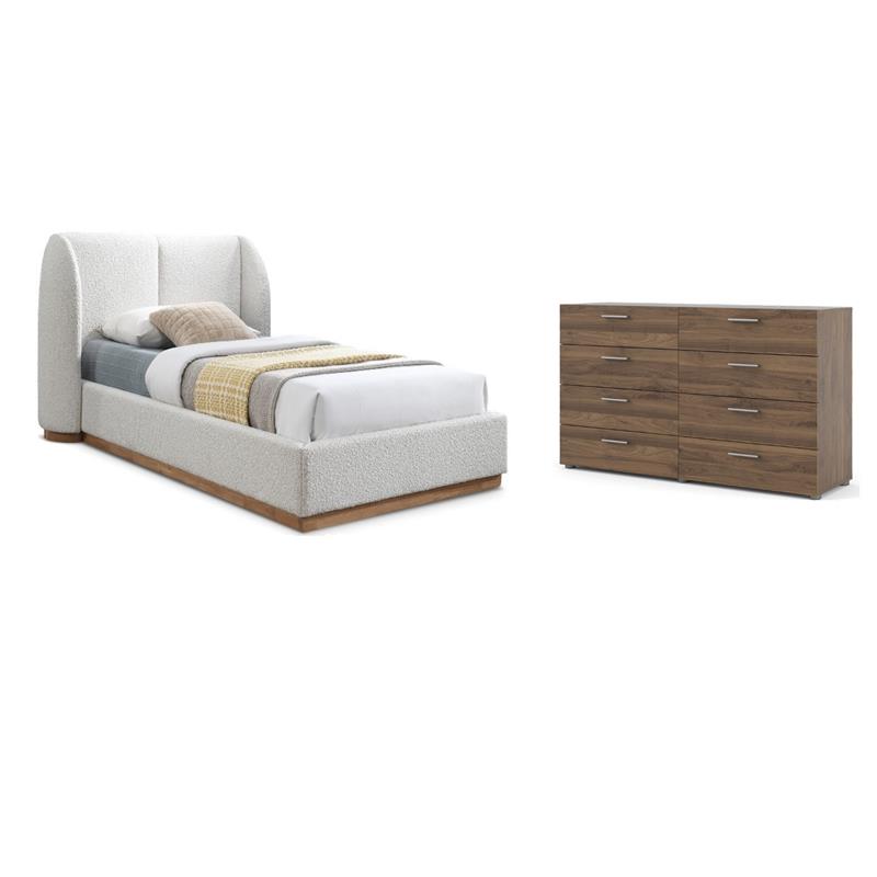 Pemberly Row Set of 2 8-Drawer Double Dresser & Cream Boucle Fabric Twin Bed