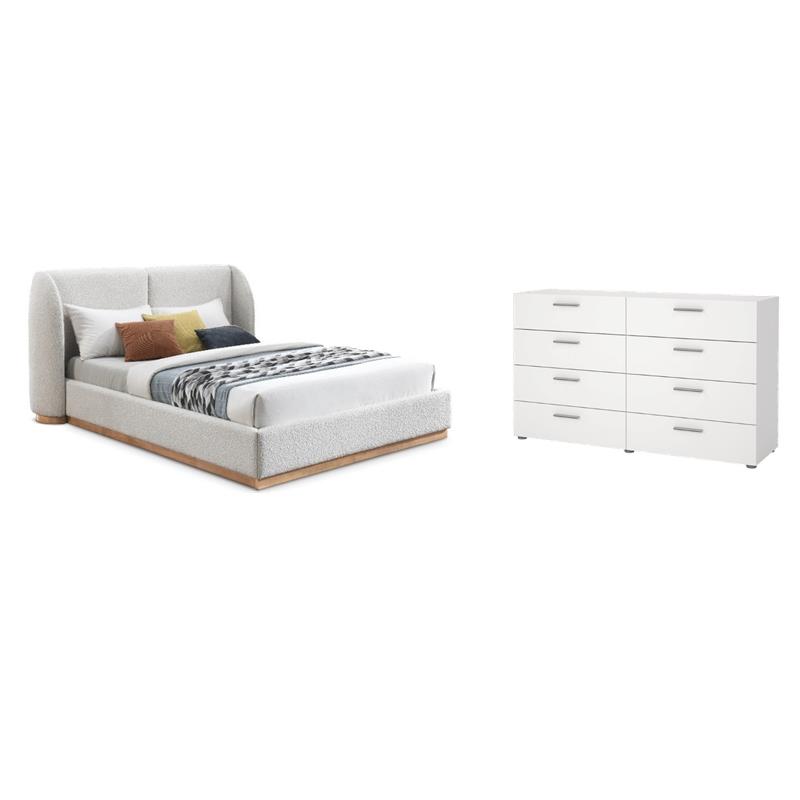 Pemberly Row Set of 2 8-Drawer Double Dresser & Cream Boucle Fabric Queen Bed