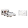 Pemberly Row Set of 2 8-Drawer Double Dresser & Cream Boucle Fabric Queen Bed