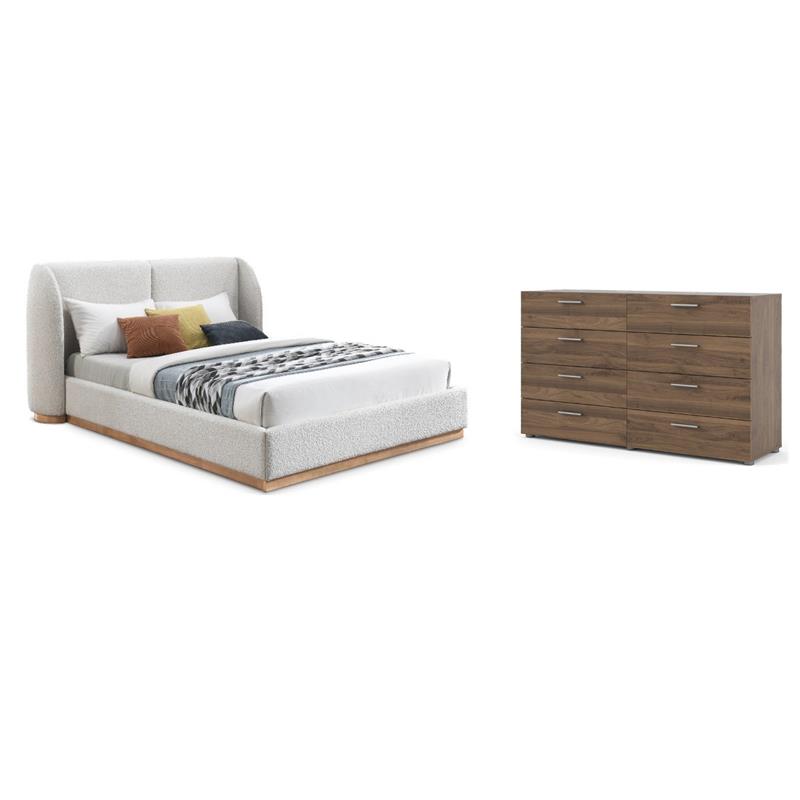 Pemberly Row Set of 2 8-Drawer Double Dresser & Cream Boucle Fabric Queen Bed