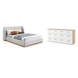 Pemberly Row Set of 2 8-Drawer Double Dresser & Cream Boucle Fabric King Bed