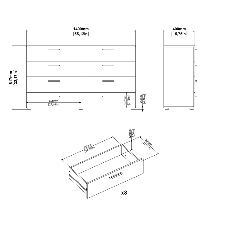 Pemberly Row Set of 2 8-Drawer Double Dresser & Cream Boucle Fabric King Bed