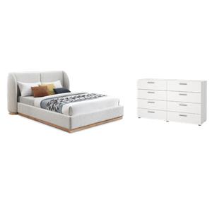 Pemberly Row Set of 2 8-Drawer Double Dresser & Cream Boucle Fabric King Bed