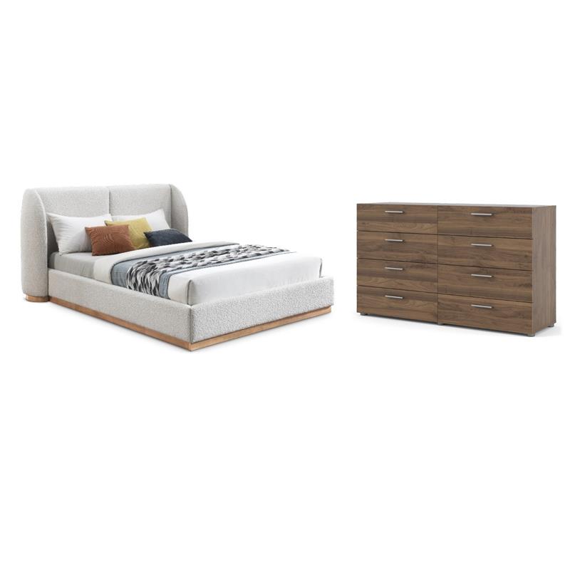 Pemberly Row Set of 2 8-Drawer Double Dresser & Cream Boucle Fabric King Bed