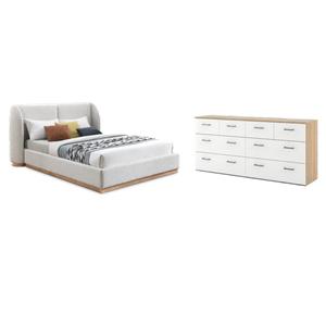 Pemberly Row Set of 2 8-Drawer Double Dresser & Cream Boucle Fabric Full Bed