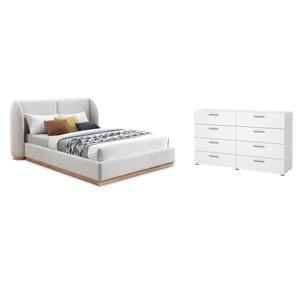 Pemberly Row Set of 2 8-Drawer Double Dresser & Cream Boucle Fabric Full Bed