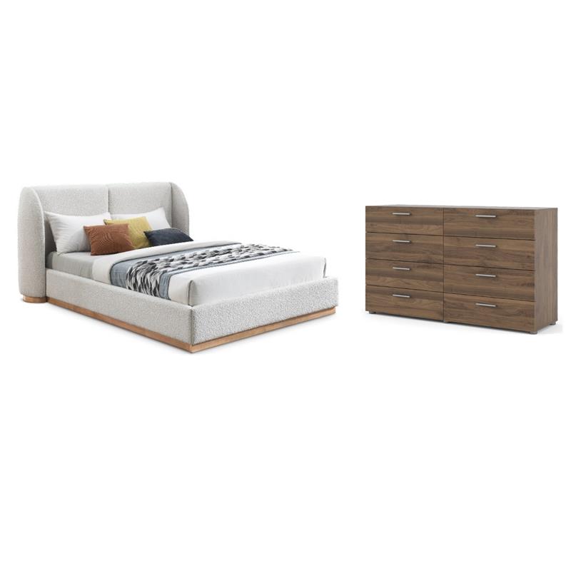 Pemberly Row Set of 2 8-Drawer Double Dresser & Cream Boucle Fabric Full Bed