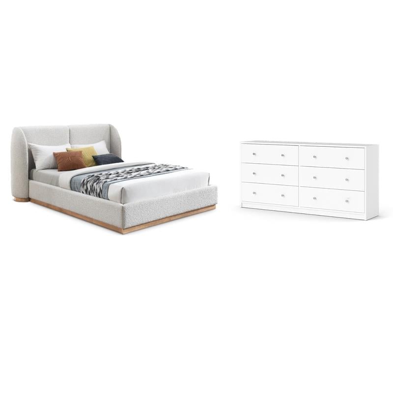 Pemberly Row Set of 2 White Double Dresser & Cream Boucle Fabric Full Bed