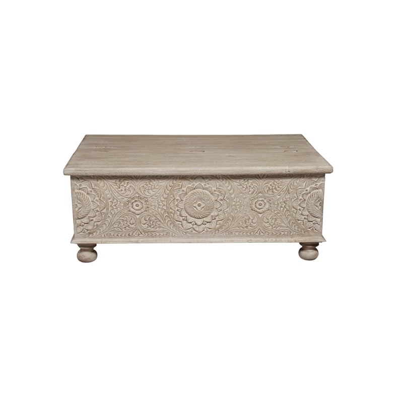 Pemberly Row Floral Carved Solid Wood Lift-Top Coffee Table in Weathered White