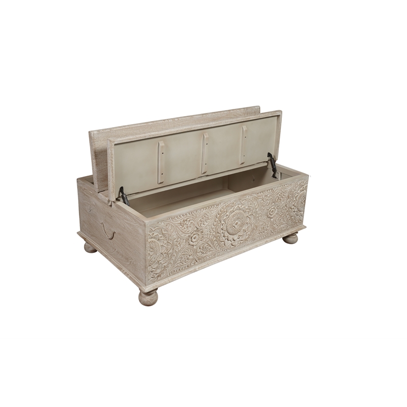 Pemberly Row Floral Carved Solid Wood Lift-Top Coffee Table in Weathered White