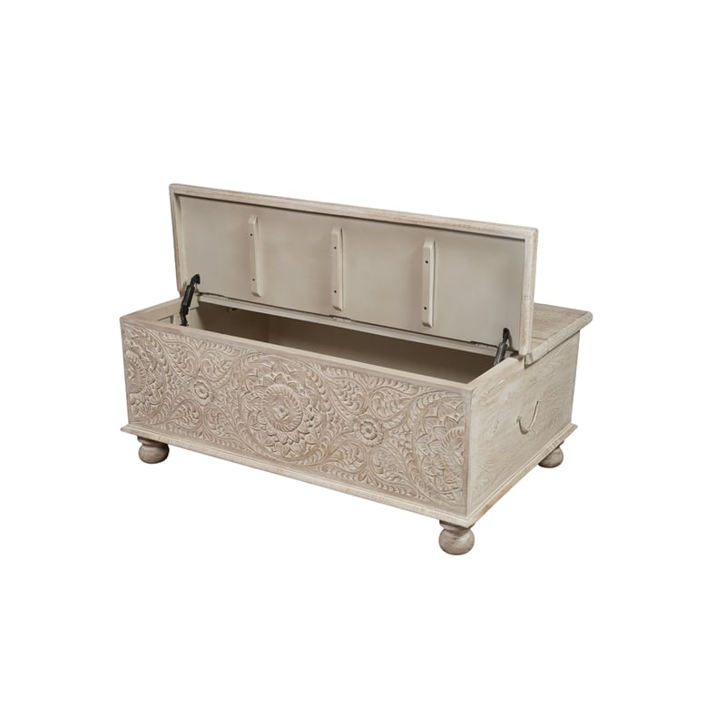 Pemberly Row Floral Carved Solid Wood Lift-Top Coffee Table in Weathered White