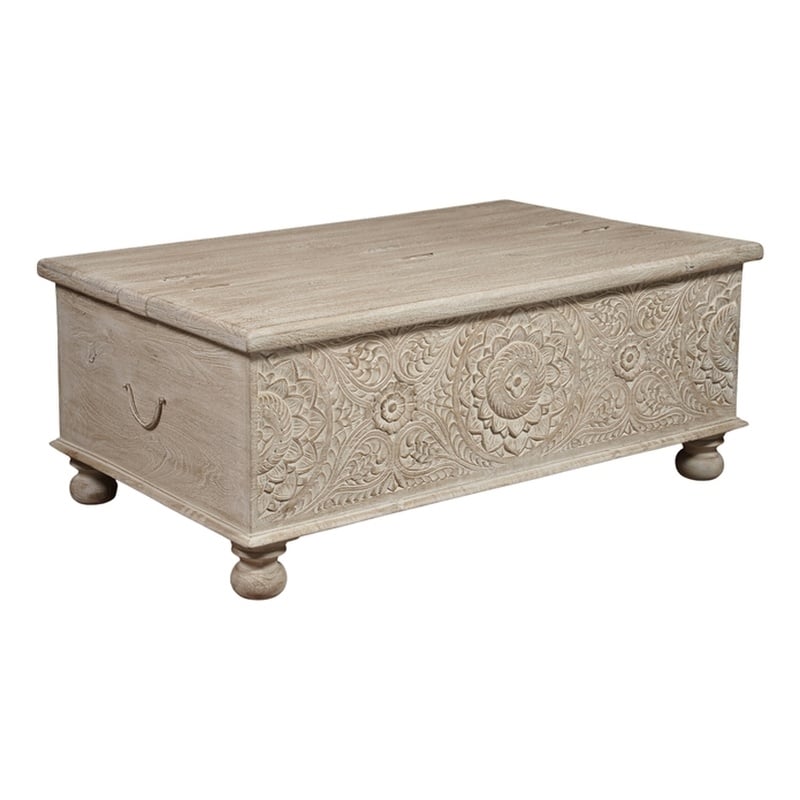 Pemberly Row Floral Carved Solid Wood Lift-Top Coffee Table in Weathered White