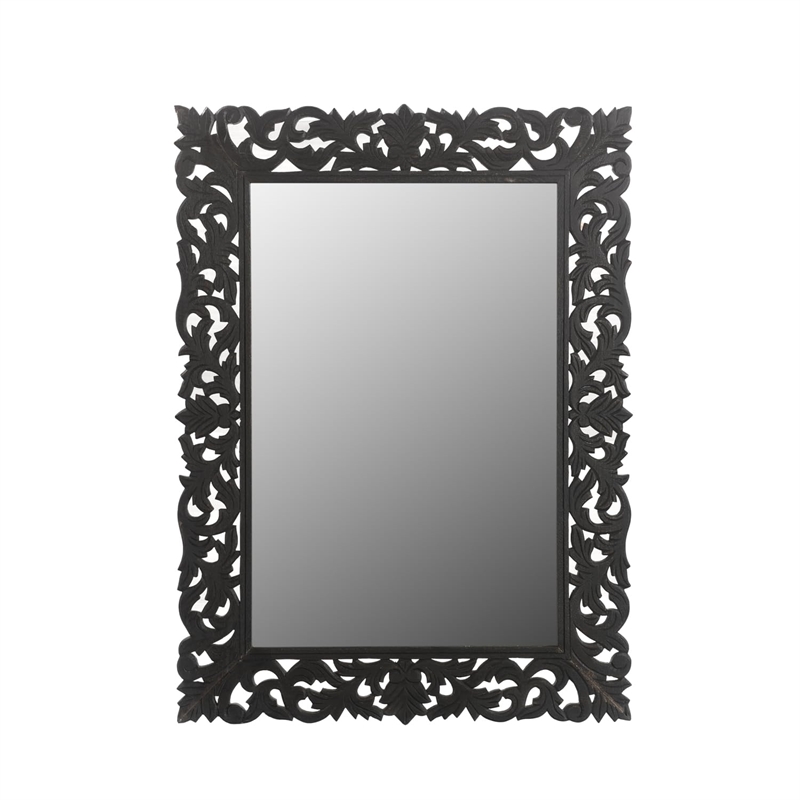 Pemberly Row Floral Carved Solid Wood Accent Mirror in Black