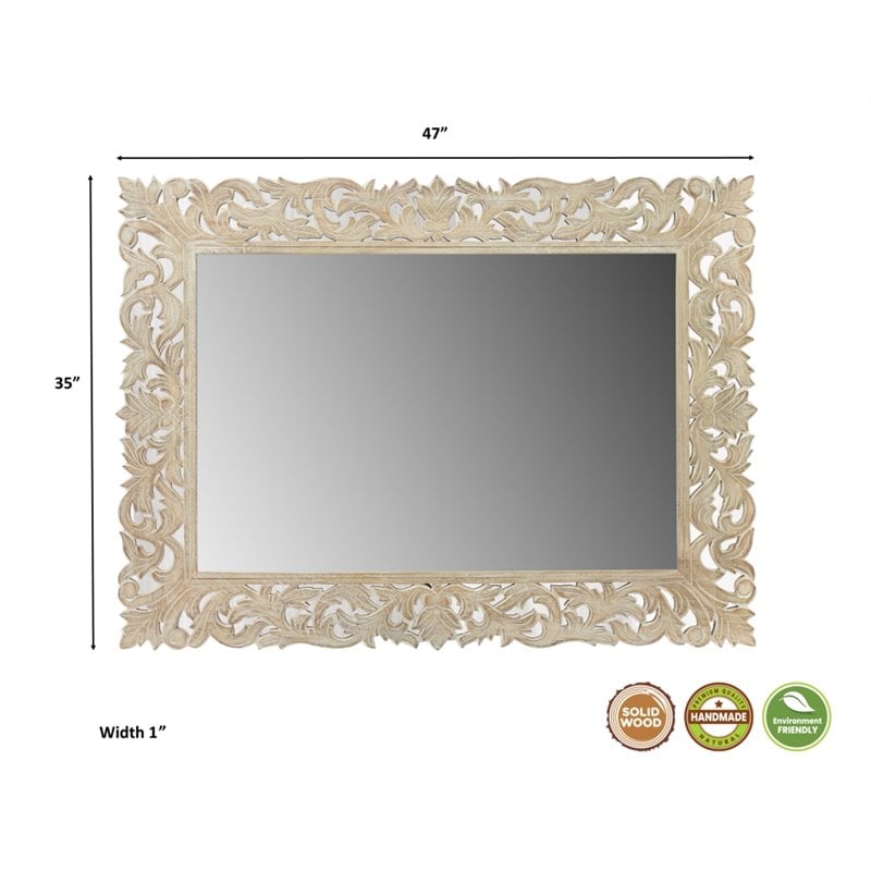 Pemberly Row Floral Carved Solid Wood Accent Mirror in White