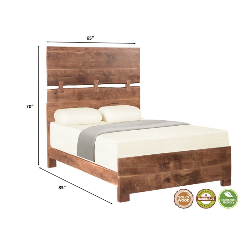 Pemberly Row Mid-Century Live Edge Solid Wood Queen Panel Bed in Brown