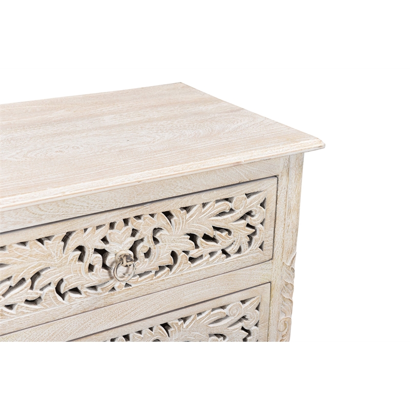 Pemberly Row Floral Carved Solid Wood 3-Drawers Nightstand in White