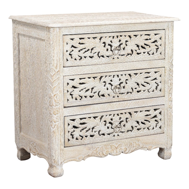 Pemberly Row Floral Carved Solid Wood 3-Drawers Nightstand in White