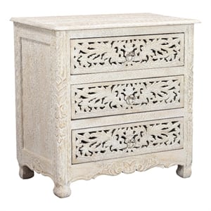 Pemberly Row Floral Carved Solid Wood 3-Drawers Nightstand in White