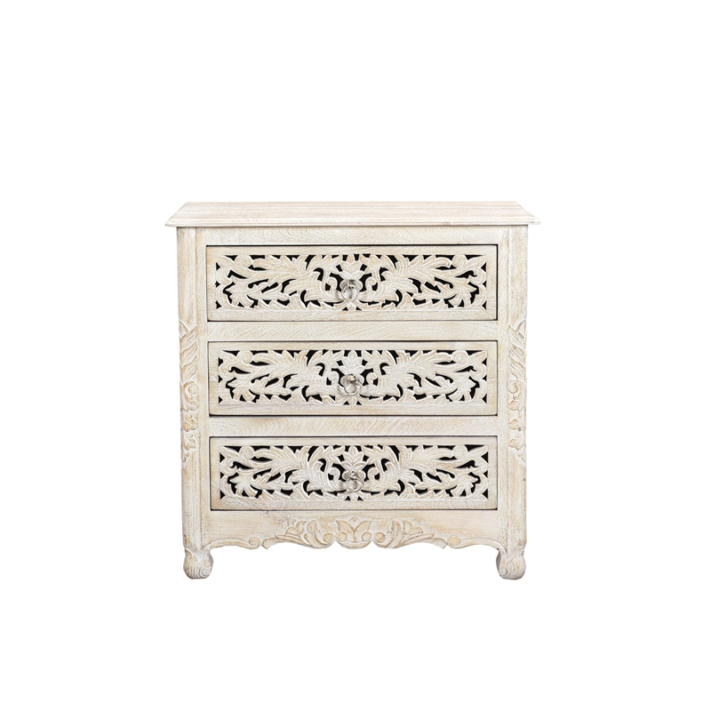 Pemberly Row Floral Carved Solid Wood 3-Drawers Nightstand in White