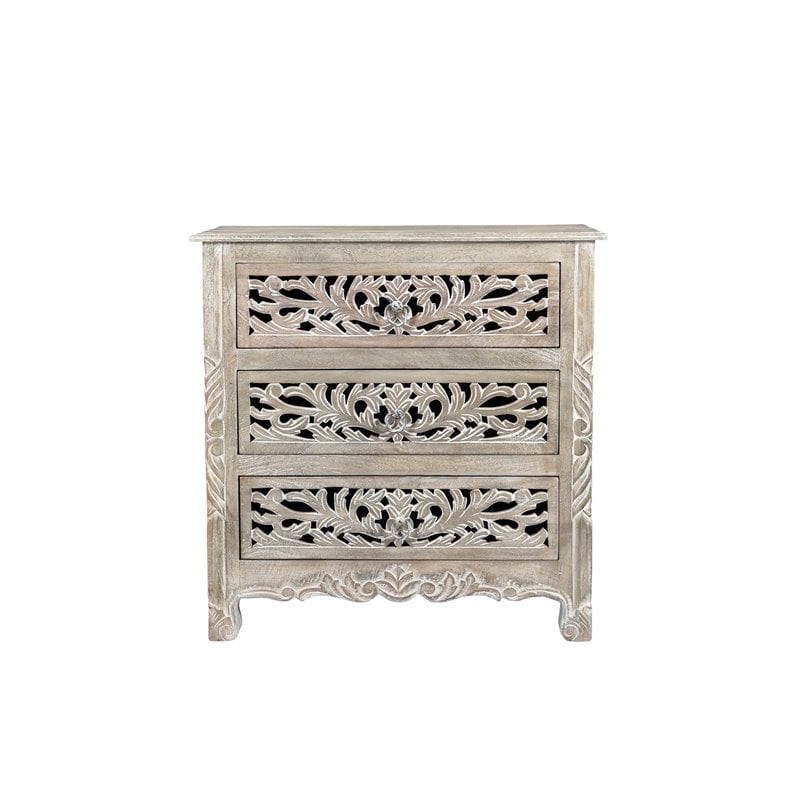 Pemberly Row Floral Carved Solid Wood 3-Drawers Nightstand in Gray