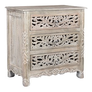 Pemberly Row Floral Carved Solid Wood 3-Drawers Nightstand in Gray
