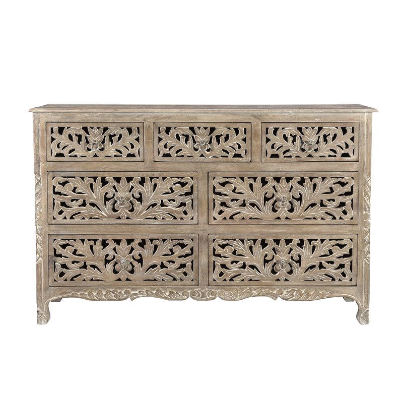 Pemberly Row 7-drawer Floral Carved Solid Wood Dresser in Gray