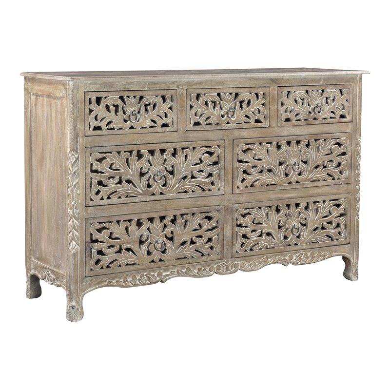 Pemberly Row 7-drawer Floral Carved Solid Wood Dresser in Gray