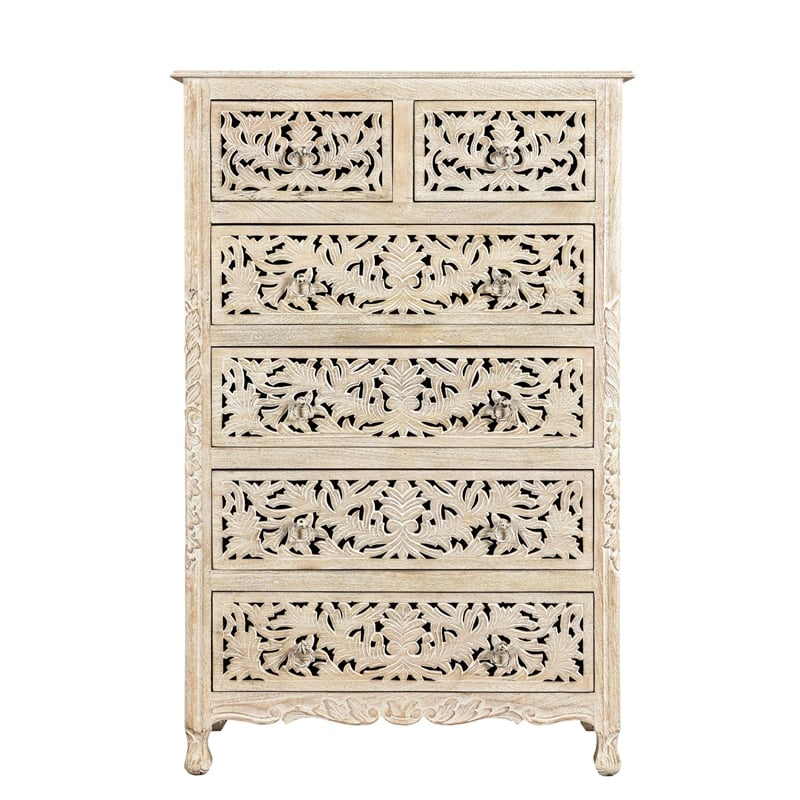 Pemberly Row 6-drawer Floral Carved Solid Wood Chest in White