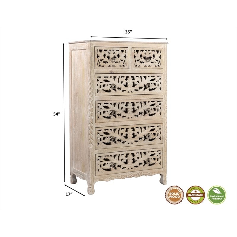 Pemberly Row 6-drawer Floral Carved Solid Wood Chest in White