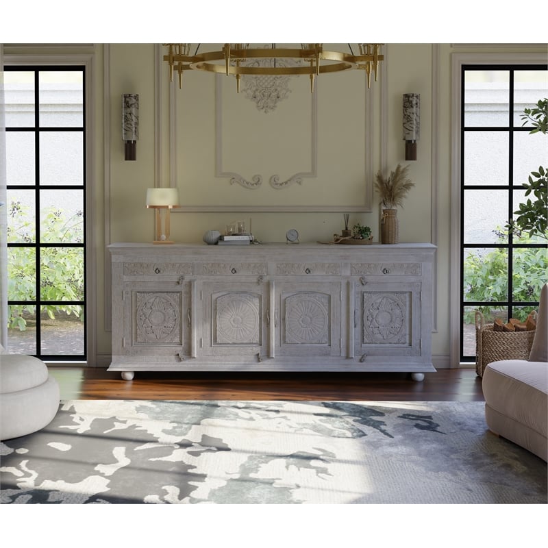 Pemberly Row 4-drawer 4-Door Carved Solid Wood Sideboard in Gray